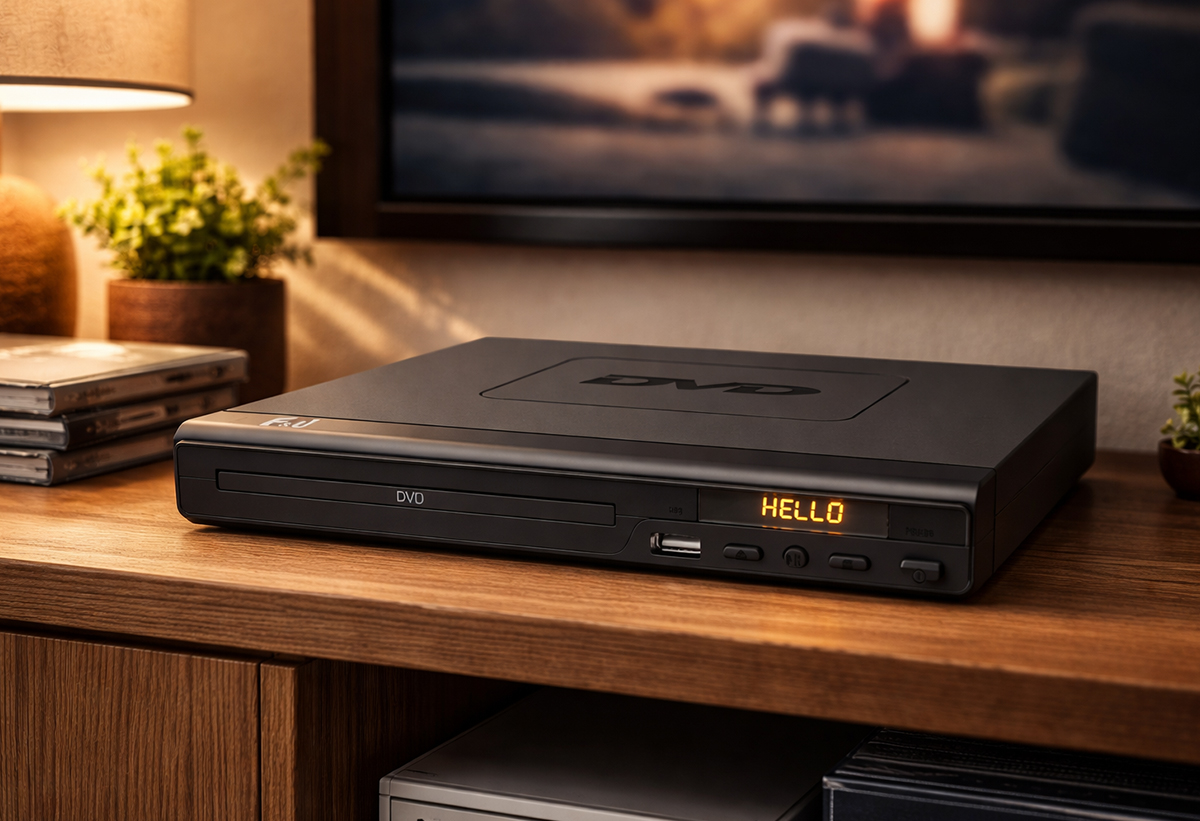 Απεικονίζεται το DVD player πάνω σε έπιπλο τηλεόρασης.